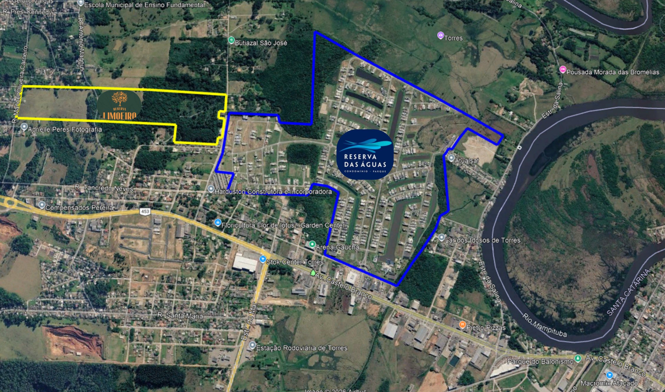 Mapa de satélite do Bairro Centenário, em Torres, com o Reserva Limoeiro contornado em amarelo e o Reserva das Águas em azul